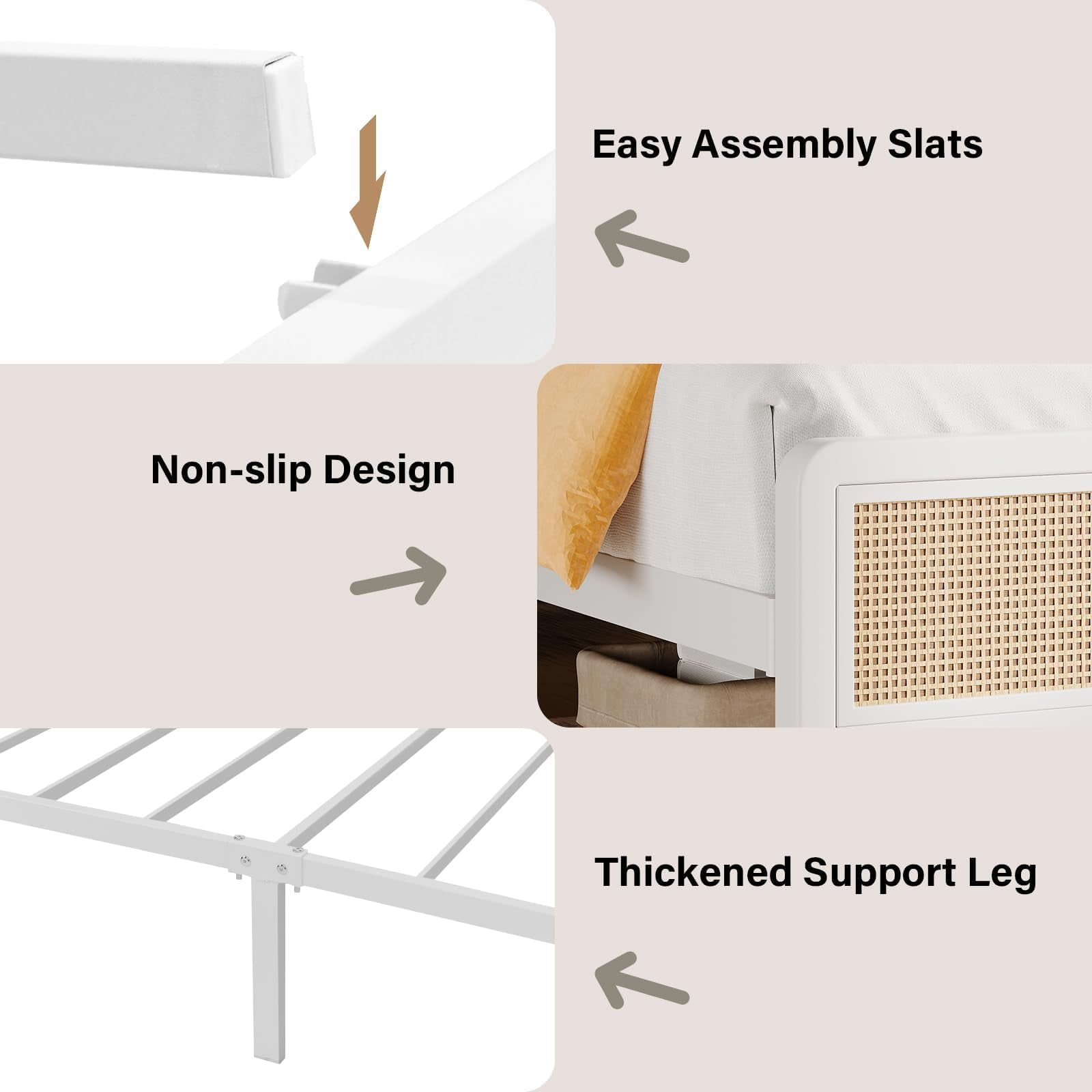 4 Ever Winner Twin Size Bed Frame, Rattan Bed Frame with Natural Rattan Headboard and Footboard, No Box Spring Needed, White