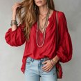 thumbnail image 4 of Wenini Women's Boho V Neck Puff Sleeve Crinkle Fabric Top Loose Drop Shoulder Casual Blouse Top Trendy Travel Shopping Outfit, 4 of 6