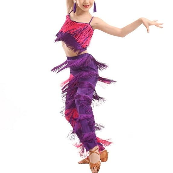 YM YOUMU Girls 2 Piece Set Latin Ballroom Dance Costume Set Tassel Camisole Fringe Pants Modern Salsa Dancewear
