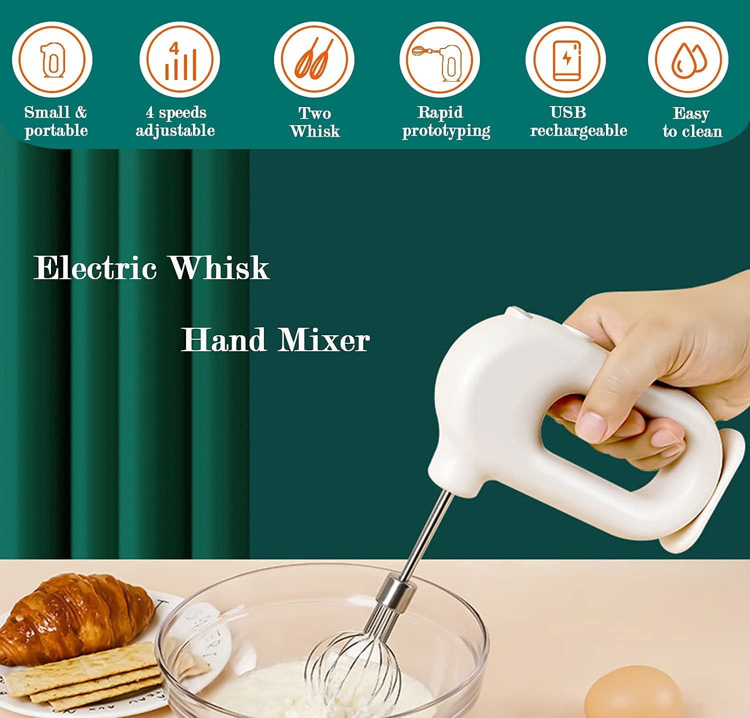 LEXIVIA MINI Household Cordless Electric Hand Mixer, USB Rechargeable  Handheld Egg Beater with 2 Detachable Stir Whisks &4 Speed Modes, Baking  At Home For Kitchen