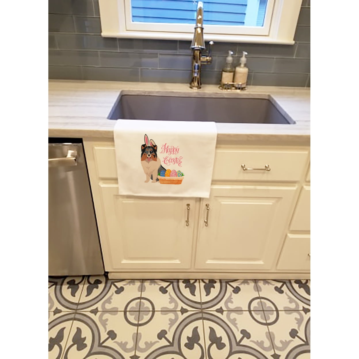 Blue Merle Sheltie Easter White Kitchen Towel Set of 2 Dish Towels 19 in x 28 in