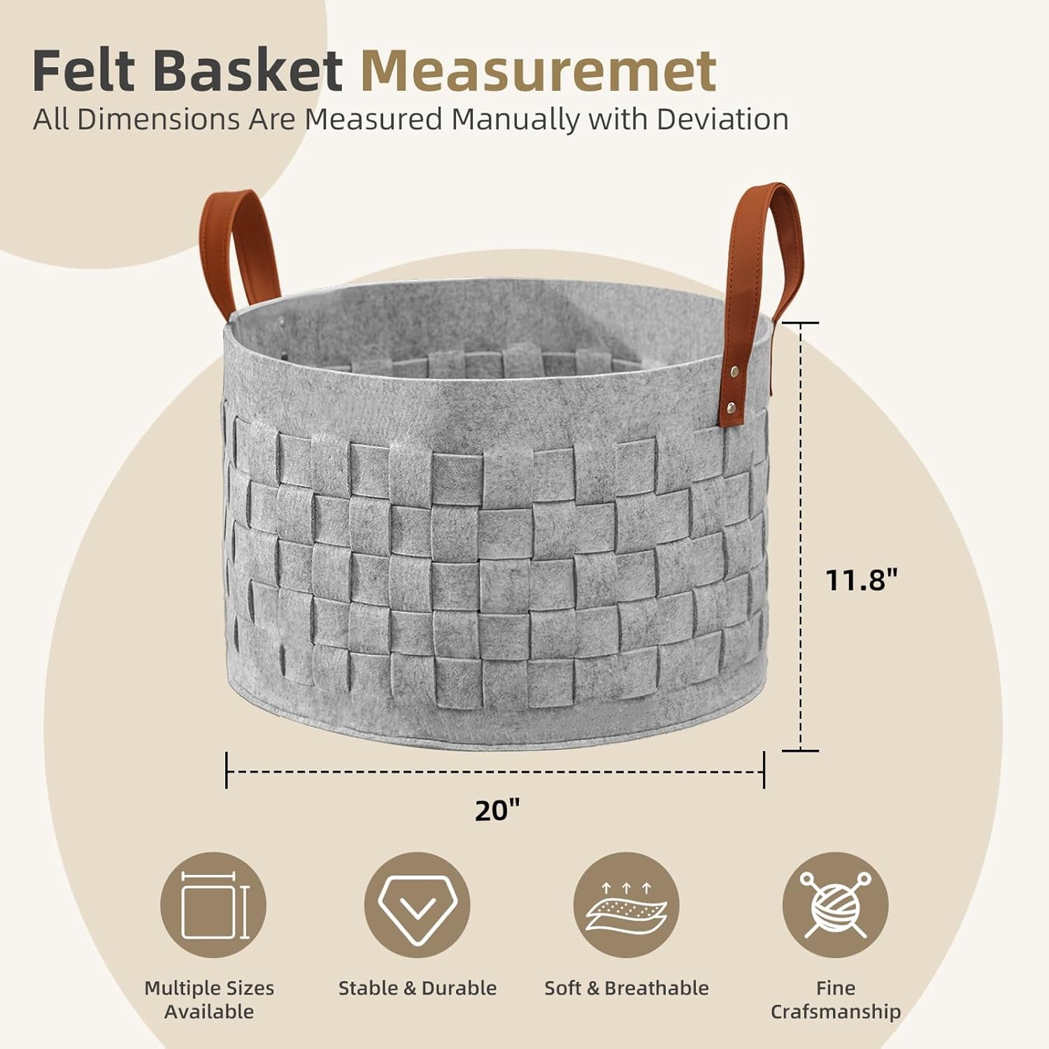 Blankets Basket 20" x20 " x11.8 ", Large Storage Baskets for Organizing Round, Living Room Dog Toy Bin for Dirty Clothes, Pillows, Towel-Light Gray