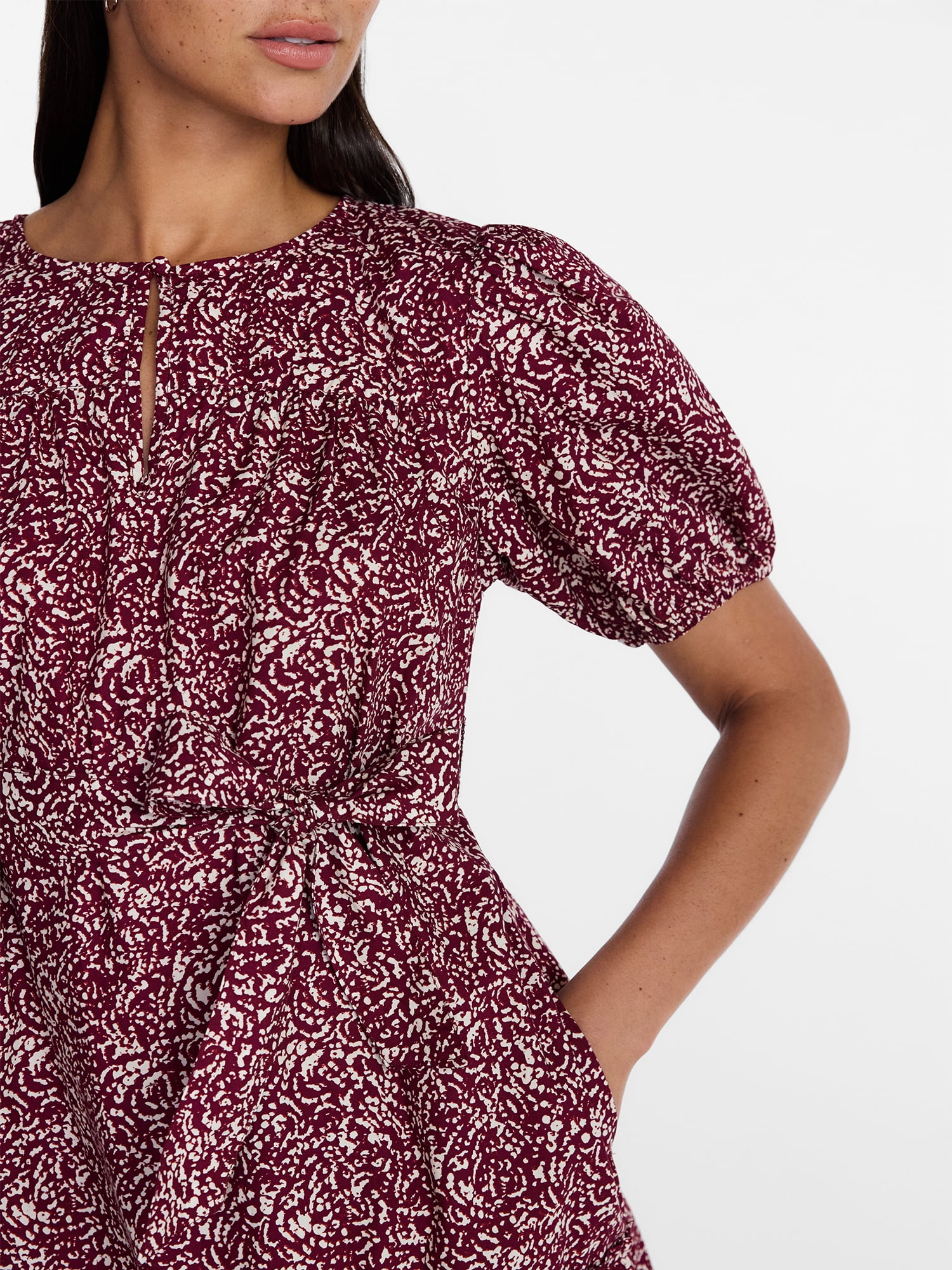 Time and Tru Women's Cotton Mini Dress with Puff Sleeves, Sizes XS-4X