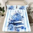 thumbnail image 2 of Manfei Romantic Rose Books Queen Sheet Sets, Fashion Watercolor Flat Sheet, White Blue Stripes Queen Fitted Sheet, Breathable Home Decor, 4 Pieces, 2 of 7