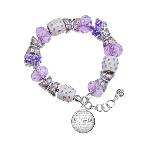 Delight Jewelry Silvertone Domed Matthew 5:8 Purple Butterfly Bead Charm Bracelet, 7" 1" Extender