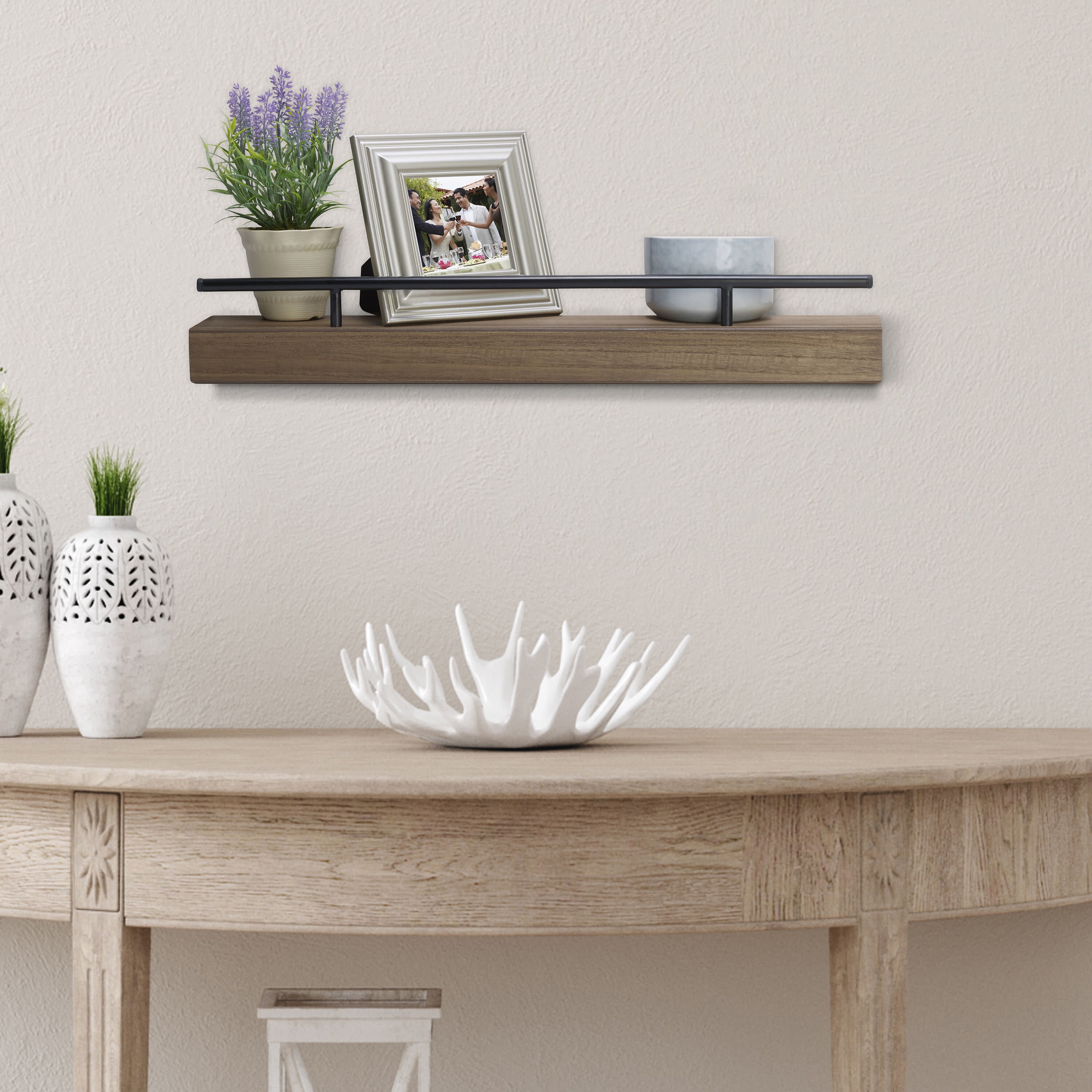 Melannco Hotel Essentials 24 Inch Natural MDF Shelves with Metal Rail Brown