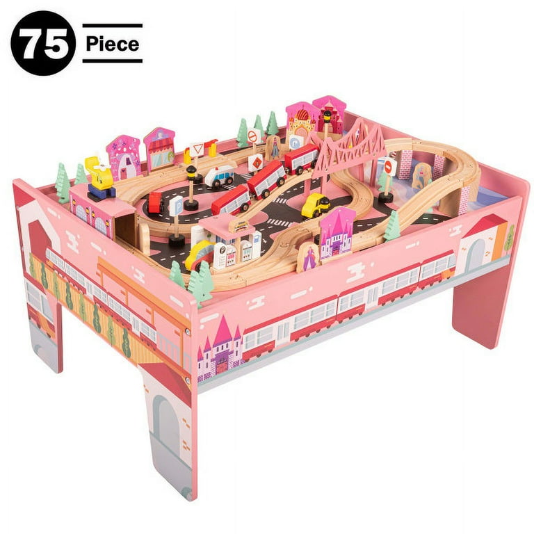 Hey Play Wooden Train Set Table for Kids Complete Set with 75 Pieces Pink Walmart