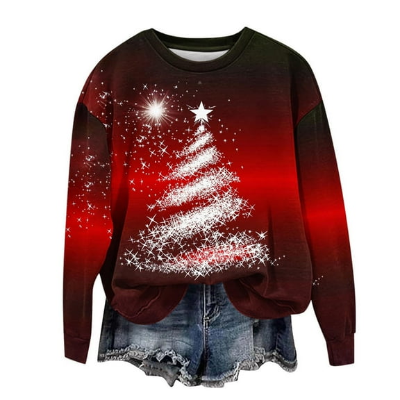 Plus Size Christmas Outfits Womens Xmas Tree Printed Sweatshirt Crewneck Long Sleeve Loose Tops Festive Clothes (XL, Red)