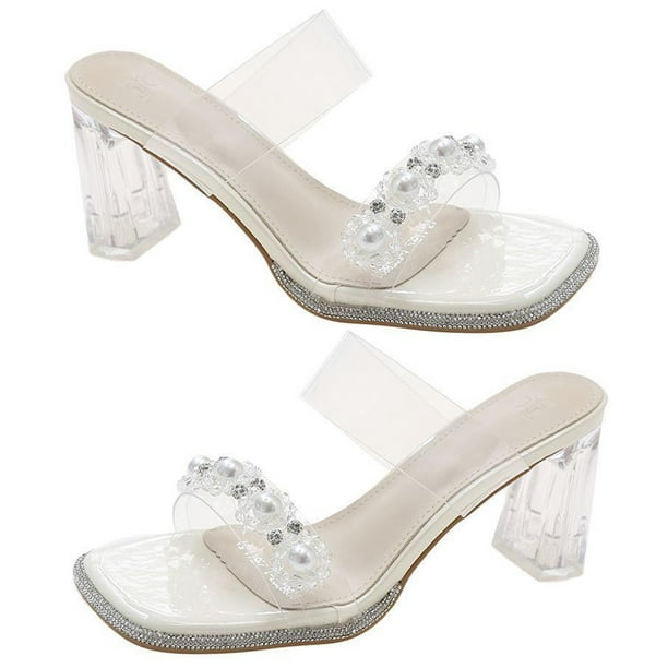 Sandalias de tacón alto con bloque para mujer Sandalias transparentes para fiesta boda (38 Beige)