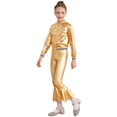 thumbnail image 2 of TiaoBug Kids Girls Sparkly Metallic Hip Hop Dance 2Pcs Outfits Long Sleeve Jacket Flared Pants Dancewear Gold 10, 2 of 7