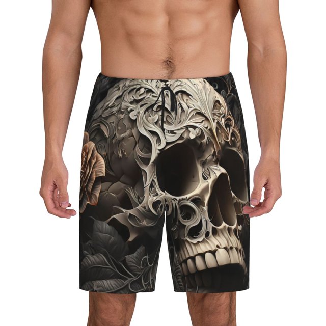 Fotbe Vintage Pattern Flower Skull Pantalones Cortos de Pijama para Hombre, Ropa de Dormir, Pantalones de Pijama Cortos para Hombre-X-Large