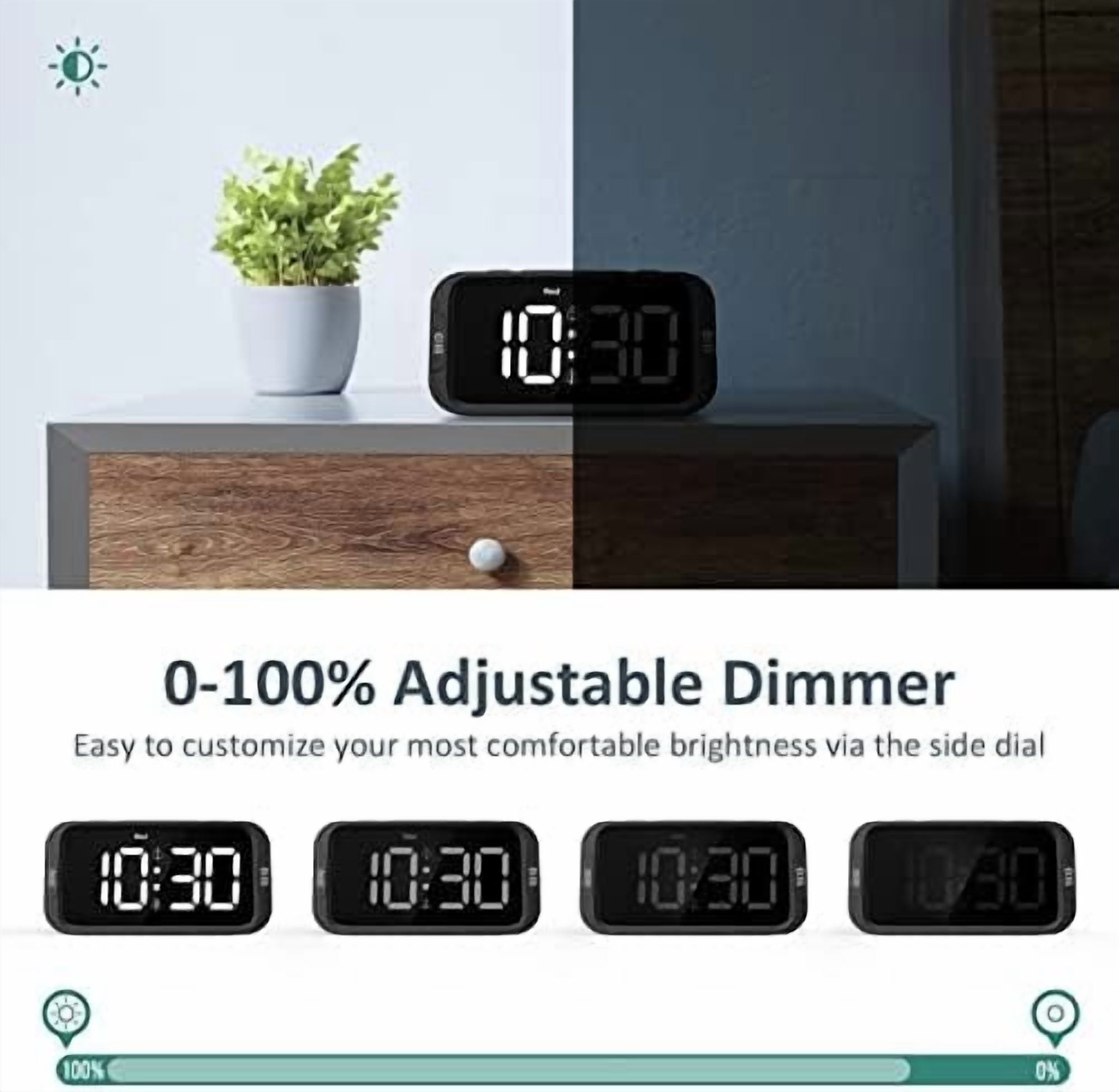 Digital Dual Alarm Clock for Bedroom, Easy to Set, 0-100% Dimmer, USB Charger, 5 Sounds Adjustable Volume, Weekday/Weekend Mode, Snooze, 12/24Hr, Battery Backup, Compact Clock for Bedside