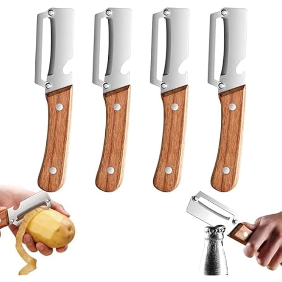 Multifunctional Vegetable Peelers for Kitchen,2-in-1 Stainless Steel Peeler with Wooden Handle and Bottle Opener for Potato Apple Carrot Pumpkin Papaya(4Pcs)
