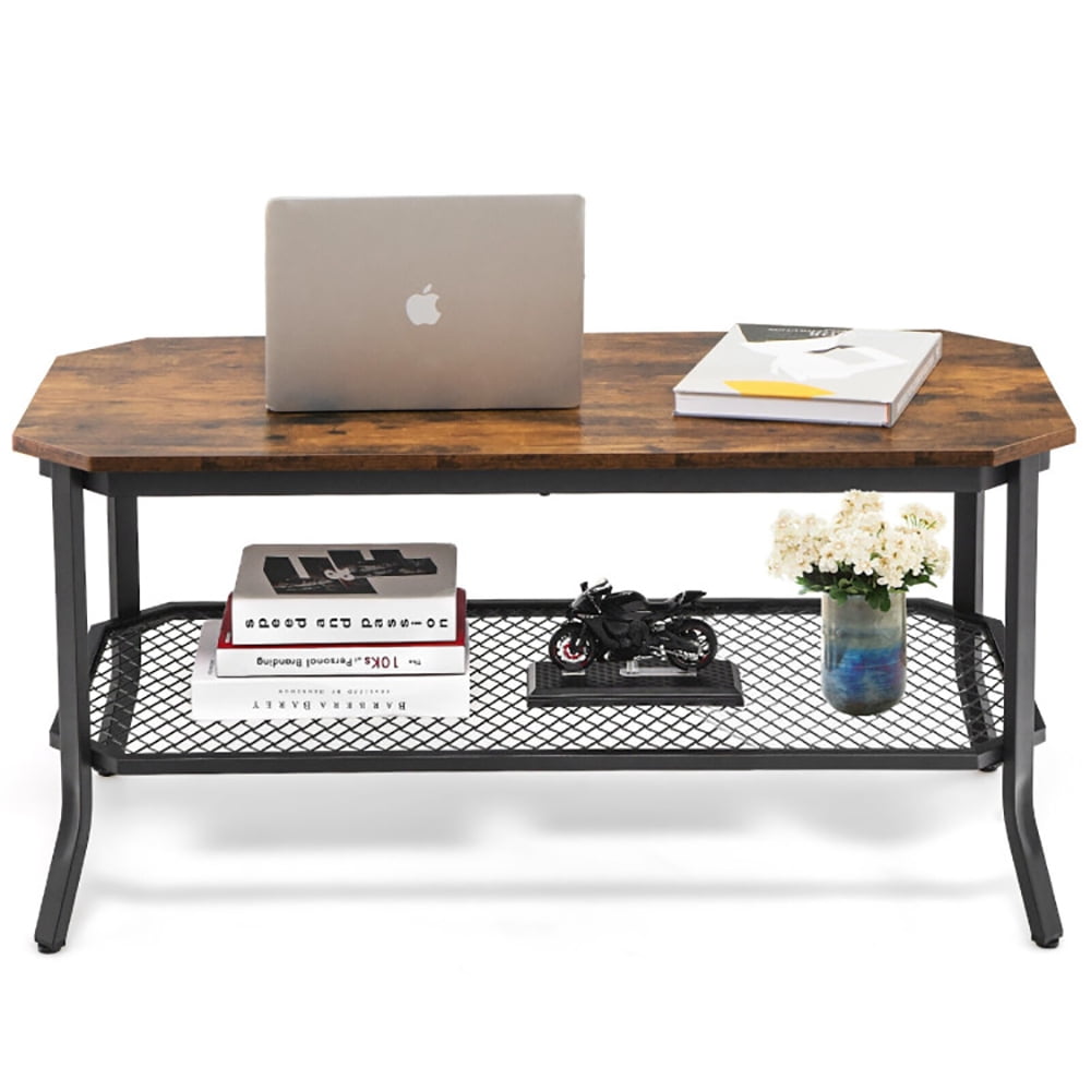 Finihen Rectangular Coffee Table, 2-Tier Cocktail Table, 2-Tier Industrial Coffee Table with Open Mesh Storage Shelf, for Living Room, Reception Room, Rustic Brown Finihen Rectangular Coffee Table, 2-Tier Cocktail Table, 2-Tier Industrial Coffee Table with Open Mesh Storage Shelf, for Living Room, Reception Room, Rustic Brown