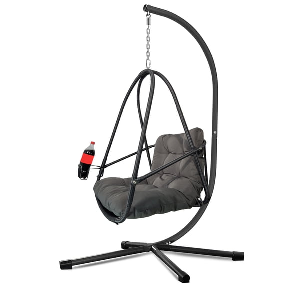 Patio Foldable Wicker Swing Egg Chair with C-Type Bracket - Indoor Outdoor Hanging Basket Chair with Stand Cushion Pillow and Cup Holder