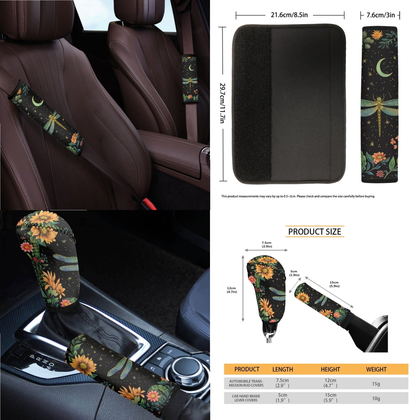 Jeiento Dragonfly Car Seat Cover Set 14 PCS with Steering Wheel Cover Seat Belt Pads Waste Basket Bin Flowers Rearview Mirror Cover Cup Holder Center Console Cover Handbrake Cover Gear Shift Cover