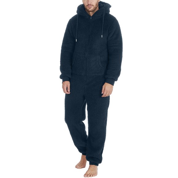fartey Hooded Jumpsuits for Men Solid Color Fleece One Piece Pajamas Warm Pockets Long Sleeve Full Zip Plus Size Sleepwear, S-5XL