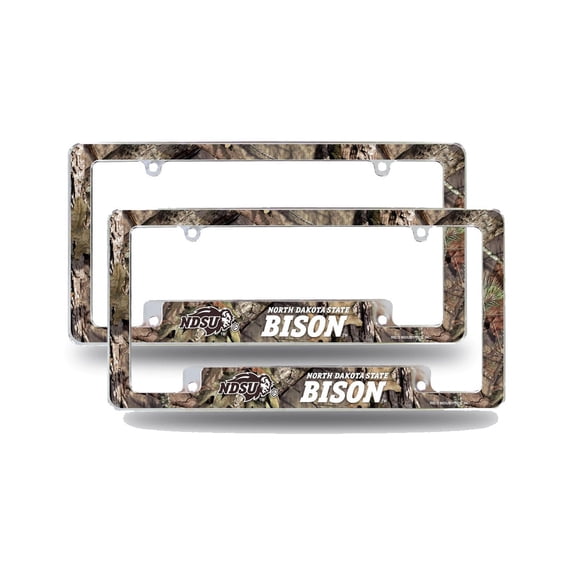 North Dakota State NDSU NCAA Bison Chrome Metal (Set of 2) License Plate Frames with Bold Mossy Oak Camouflaged Camo Design