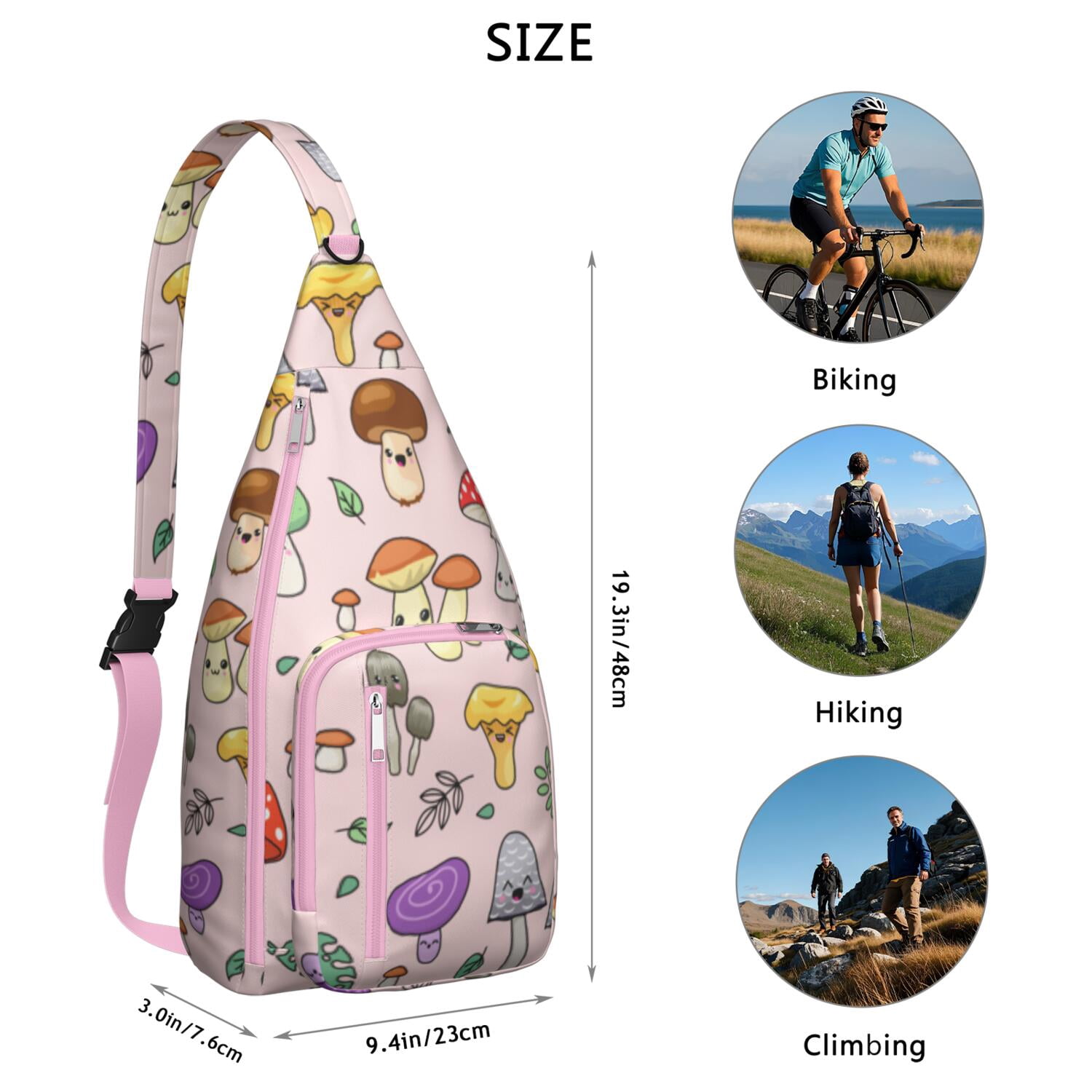 Boho Mushroom Sling Bag for Women - Vintage Floral Print, Adjustable Strap, Water-Resistant Crossbody Chest Bag (19.9×9.4×3.0inch)