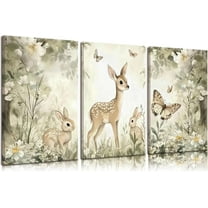 Woodland Animal Nursery Canvas Wall Art Cute Forest Animal Wall Decor Pictures Deer and Butterfly Wildflowers Posters Prints for Nursery Bedroom Kids Room Home Decoration