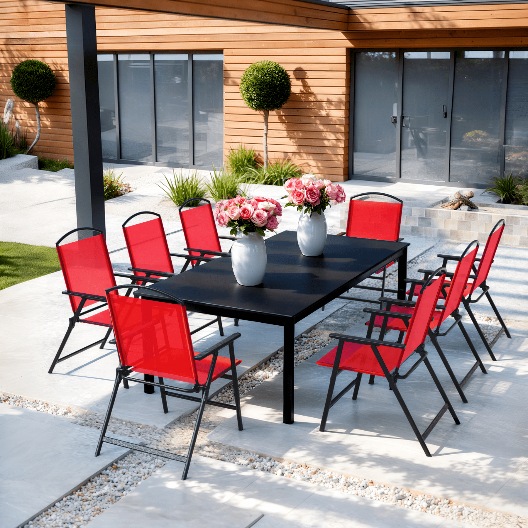 Outdoor Red Portable Folding Patio Dining Sling Chairs Set Of 2 With Armrest Foldable Patio Chairs For Lawn Garden Balcony Living Room Furniture