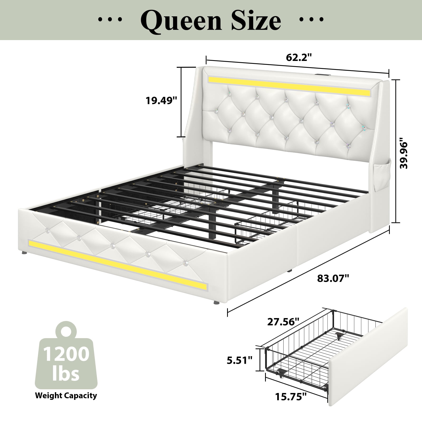 E-motie Queen Bed Frame with 2 Storage Drawers, Upholstered Headboard with LED Light & Charging Station, Diamond Tufted Style, Pu Leather, White