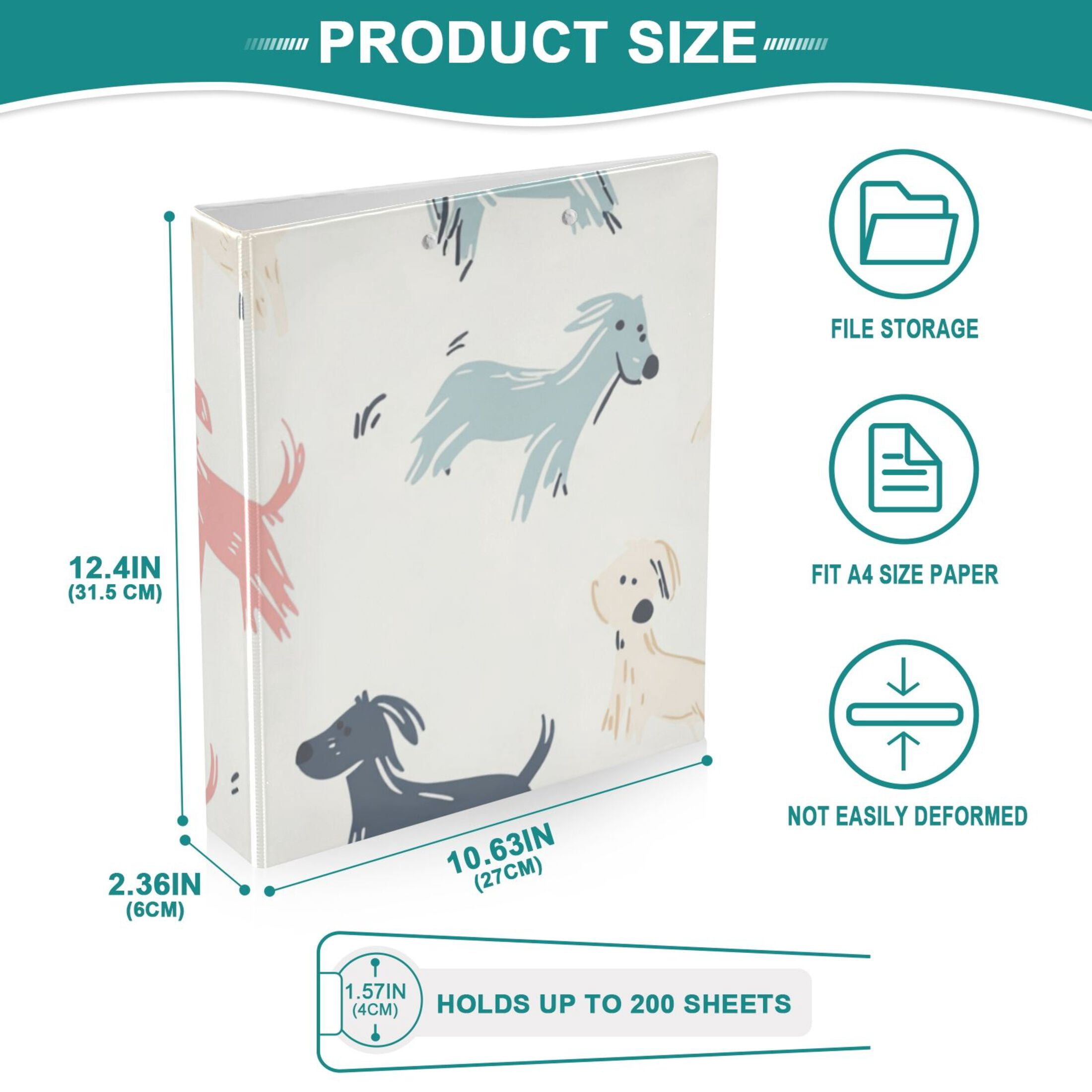 Doodle Colorful Dogs 3 Ring Binders 1.5 inch Hardcover File Folders with Interior Pockets A4 Size Organizer for School Office Hospital