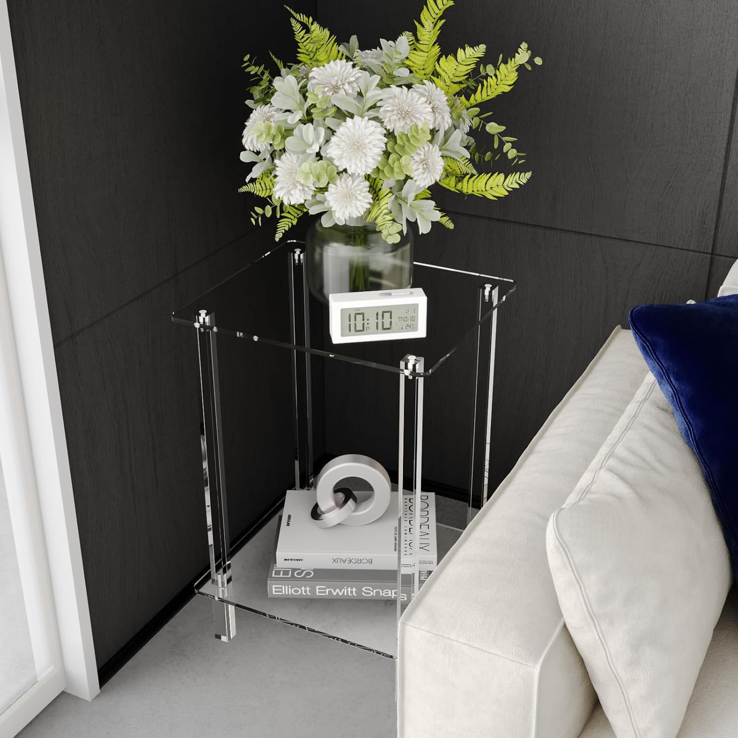 1 Pc 2-Tier Acrylic Square Side Table, Corner Tea Side Table for Home, Bedroom Bedside Table for Nightlight, Small End Table for Tight Spaces, Clear Coffee Table for Books(15.7 x 11.8'')