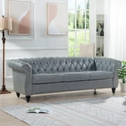 84" Chesterfield Luxury Leather Sofa, Upholstered PU Sofa with Tufted Back, Classic 3 Seater Leather Couch Rolled Arm for Living Room Bedroom Office, Gray