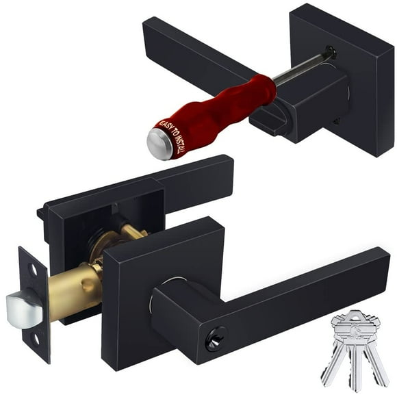 HADE LION Entry Matte Black Door Handle Locks with Keys, Square Entrance Straight Door Lever, Bedroom Heavy Duty Front/Interior Door Knobs 1 Pack