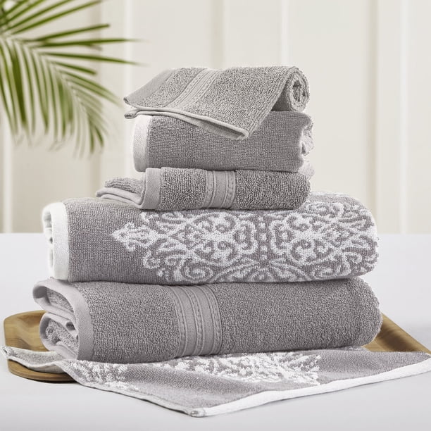 Modern Threads Juego de Toallas de Baño Artesia Damask de 6 Piezas, Color Gris