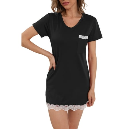 

Voguele Ladies Nightgowns Short Sleeve Pajama Lace Trim Sleep Dress Nightshirt Night Gowns Soft Sleepwear Black M