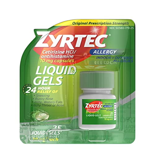 Zyrtec 24 HR Indoor/Outdoor Allergy Relief Liquid Gels Capsules, Cetirizine HCI Antihistamine, 25 ct