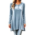thumbnail image 2 of Karymi Solid Velvet Tunic Womens Tops, Crew Neck Half Button Long Sleeve Loose A-line Hem Pullover, 2 of 7