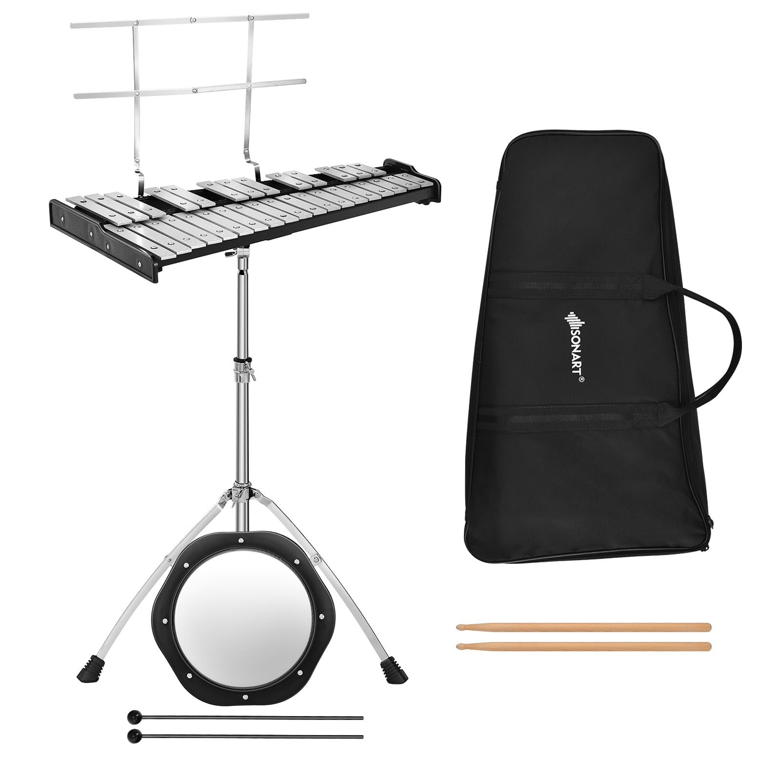 Topbuy 32 Notes Percussion Glockenspiel Bell Kit Xylophone with Adjustable Stand&8'' Practice Pad