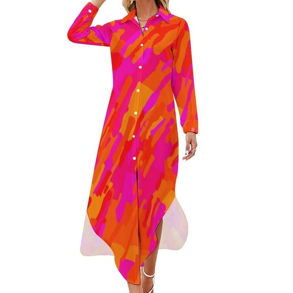 Hot fuchsia orange Long Sleeved Shirt Dress luxury evening dresses sexy short dresses daring