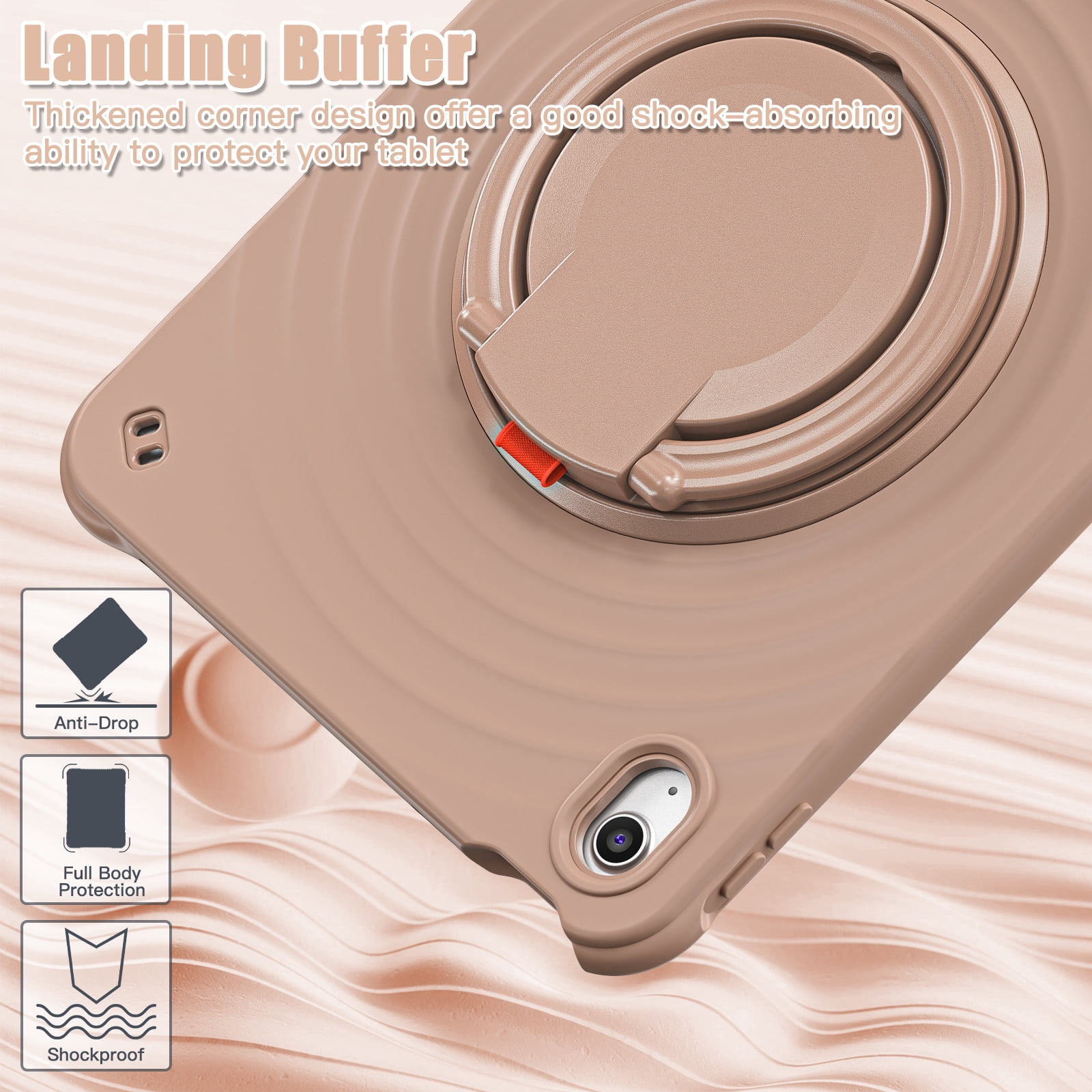 ELEHOLD Case for Apple iPad 10th Gen, Portable Hybrid Shockproof iPad Case with Pencil Holder & Hanging Ring Handle Rotatable Kickstand,Latte