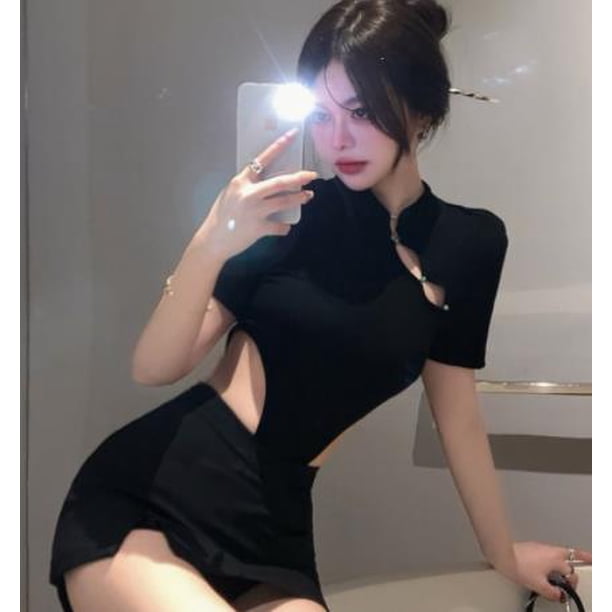 Monos de mujer VISgogo, monos de manga corta con cuello levantado, botones oblicuos huecos, peleles recortados en la cintura, ropa de una pieza VISgogo moda