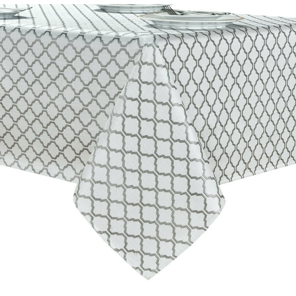 Kate Aurora White & Gray Moroccan Geometric Fabric Tablecloth - (6-8 Chairs)