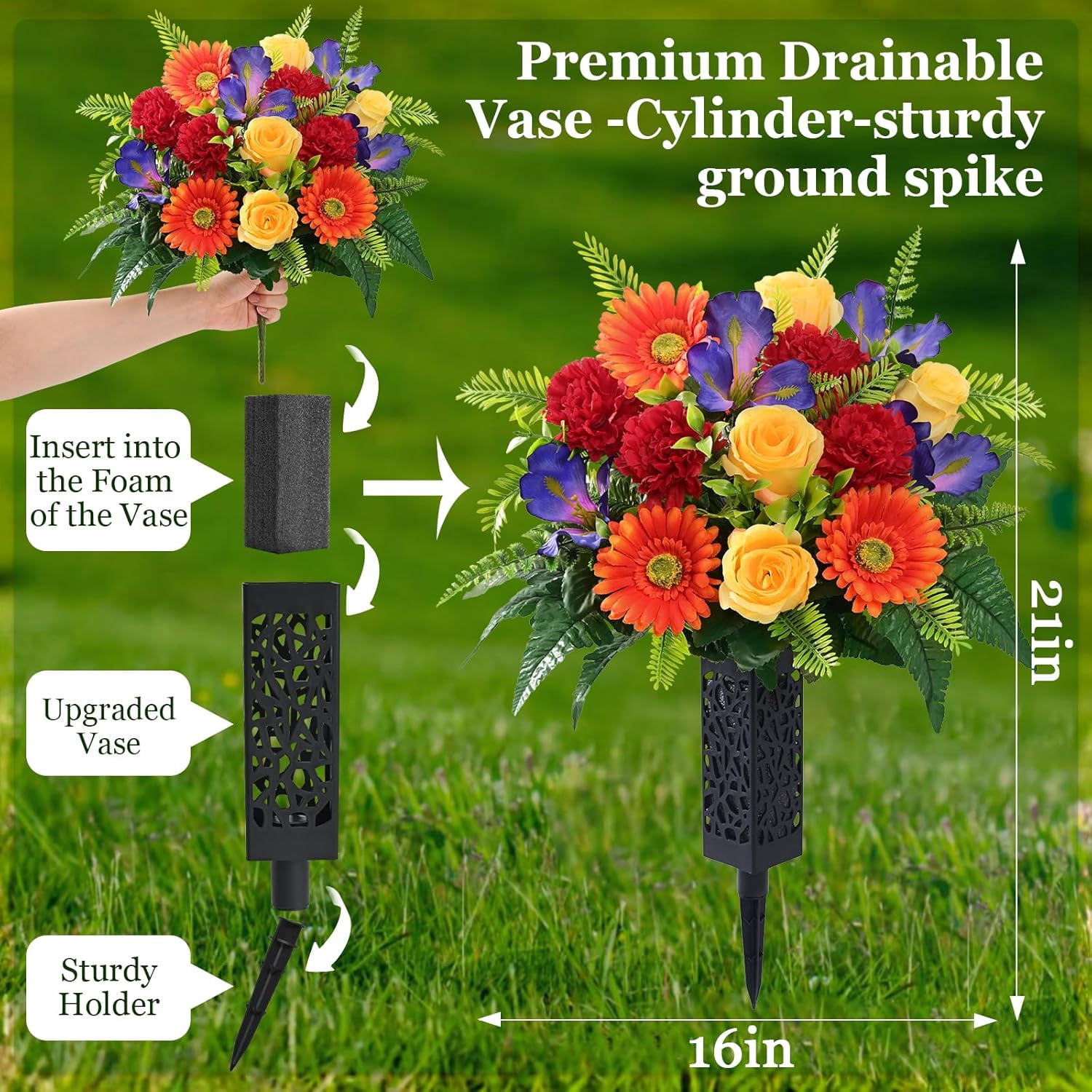 3 Sets Artificial Cemetery Flowers for Grave, Realistic Headstone Flower ,  Memorial Day Flowers, Mixed Blooms Grave Decorations for Cemetery (Colorful)