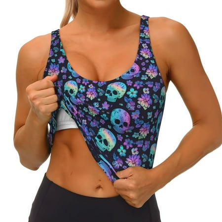 Qokaie Skull flower cute Pattern Womens Scoop Neck Sports Bra Breathable Workout Vest Padded U Back Medium Impact Fitness Gym Yoga Bra Workout Crop Top