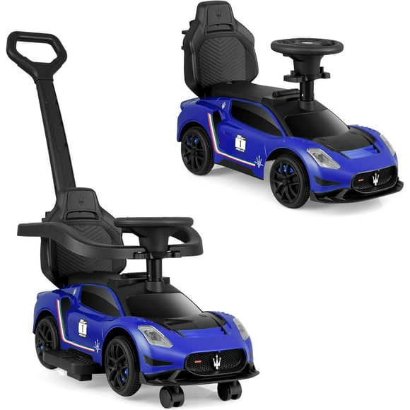 OLAKIDS Voiture Pousse-Pousse 3 en 1 pour Tout-Petits, Poussette pour Bébé Maserati sous Licence, Voiture Glissante et de Marche avec Poignée de Poussée, Klaxon, Musique, Rangement Inférieur, Jouet à Chevaucher à Propulsion par les Pieds pour Garçons et Filles