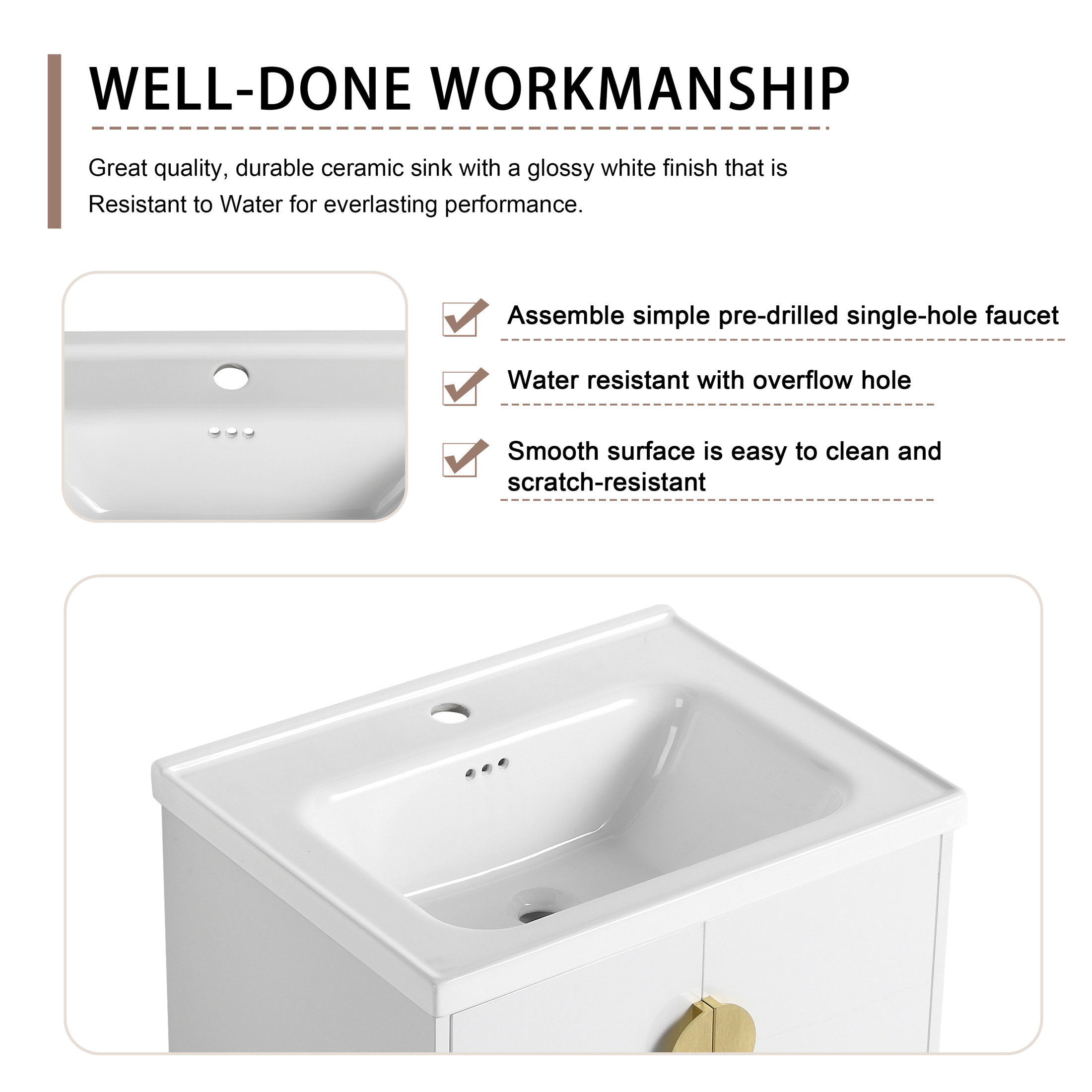 Noble House 24" Wall-Mounted Bathroom Vanity, Soft-Close Doors, Ceramic Sink, Metal Handles, Eco Plywood, Gloss White