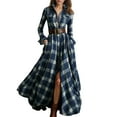 thumbnail image 4 of Plaid Maxi Dress for Women Long Dress Vintage V-Neck Long-Sleeve Pastoral Style Dress Navy 2XL, 4 of 4