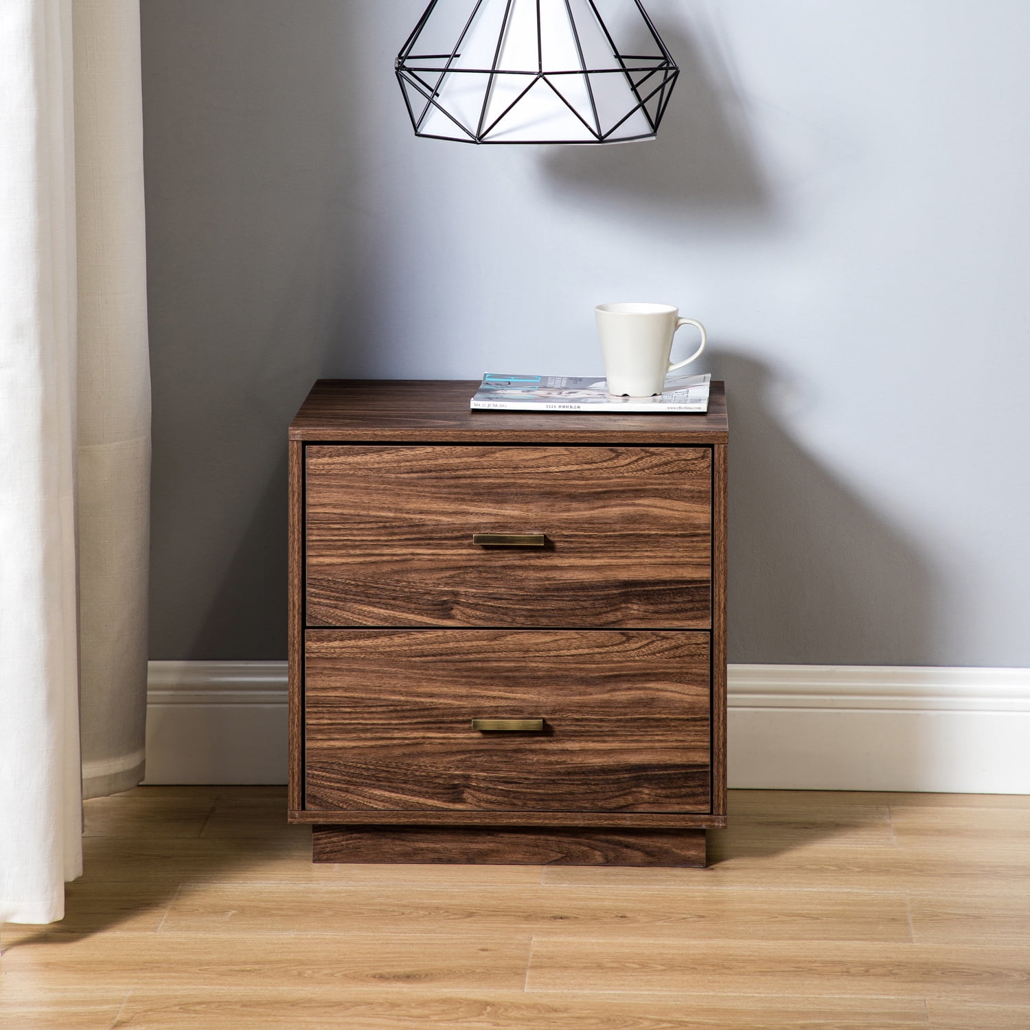 Resenkos Modern Design Wooden End Side Table with 2 Drawers, Nightstand Storage Cabinet for Bedroom,Walnut