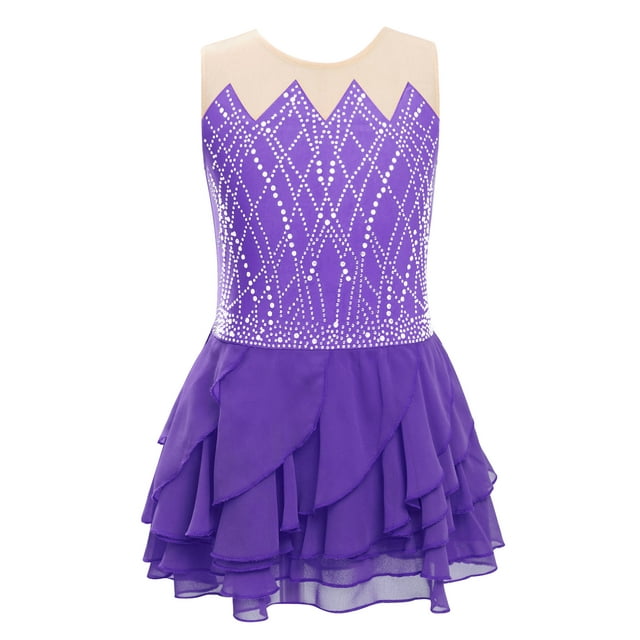 LiiYii Kids Girls Shiny Rhinestone Sleeveless Tiered Ruffle Figure Skating Dance Dress Ballet Tulle Purple 10