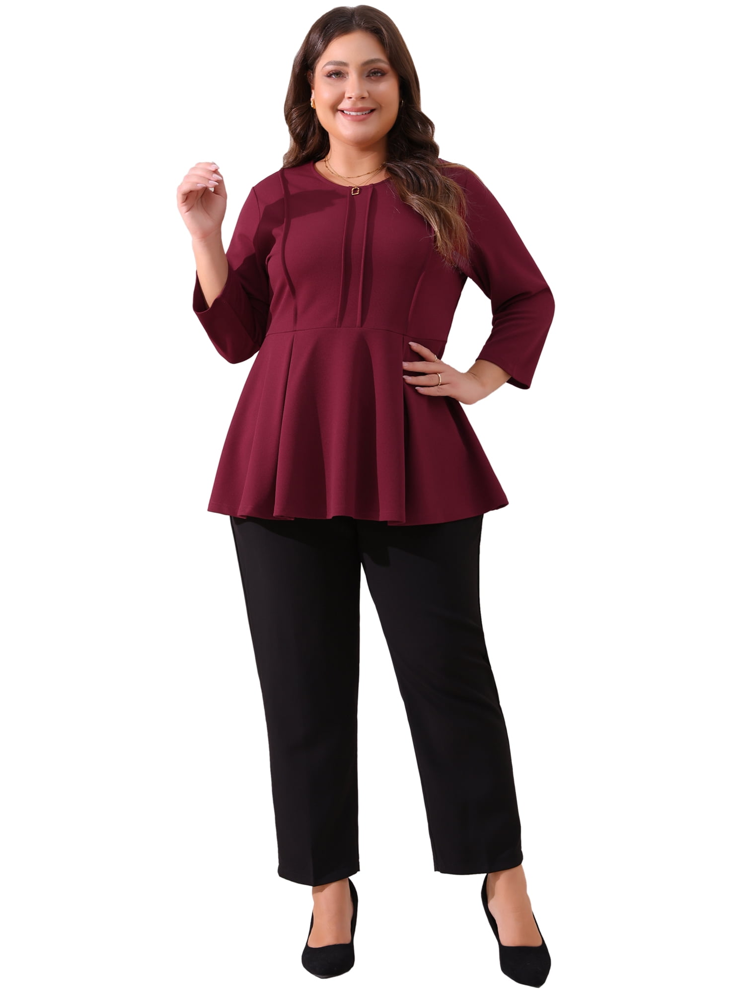 DARING DIVA Women's Plus Elegant Crew Neck 3/4 Sleeve Peplum Top 2X Burgundy