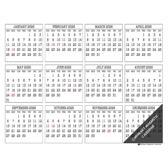 2026 - 12 Month Miheart Magnetic Refrigerator Calendar 8.5"X11"