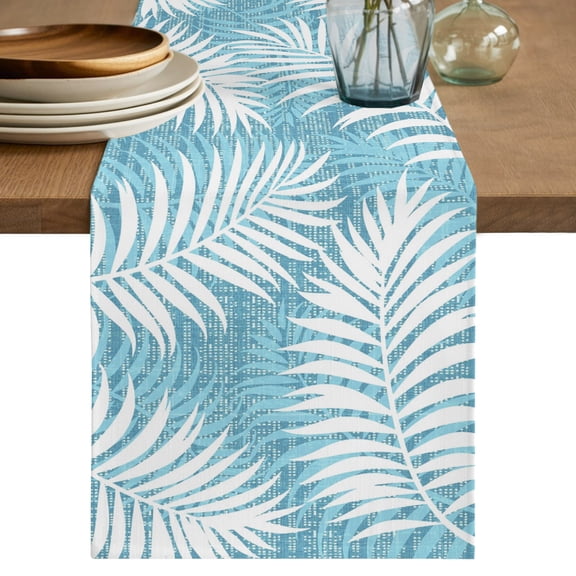 Table Runner 90 Inches Long, Teal Blue Palm Leaf Decorative Table Runner for Party Wedding Home Decor, Summer Coastal Botanical Tropical Dresser Scarves for Bedroom Kitchen Tables Decor 13x90 Inch