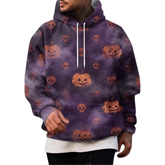 Hsovts Men’s Fall Holiday Pullover Hoodie, Halloween Pumpkin Ghost Print Soft Long Sleeve Loungewear Top Purple XL